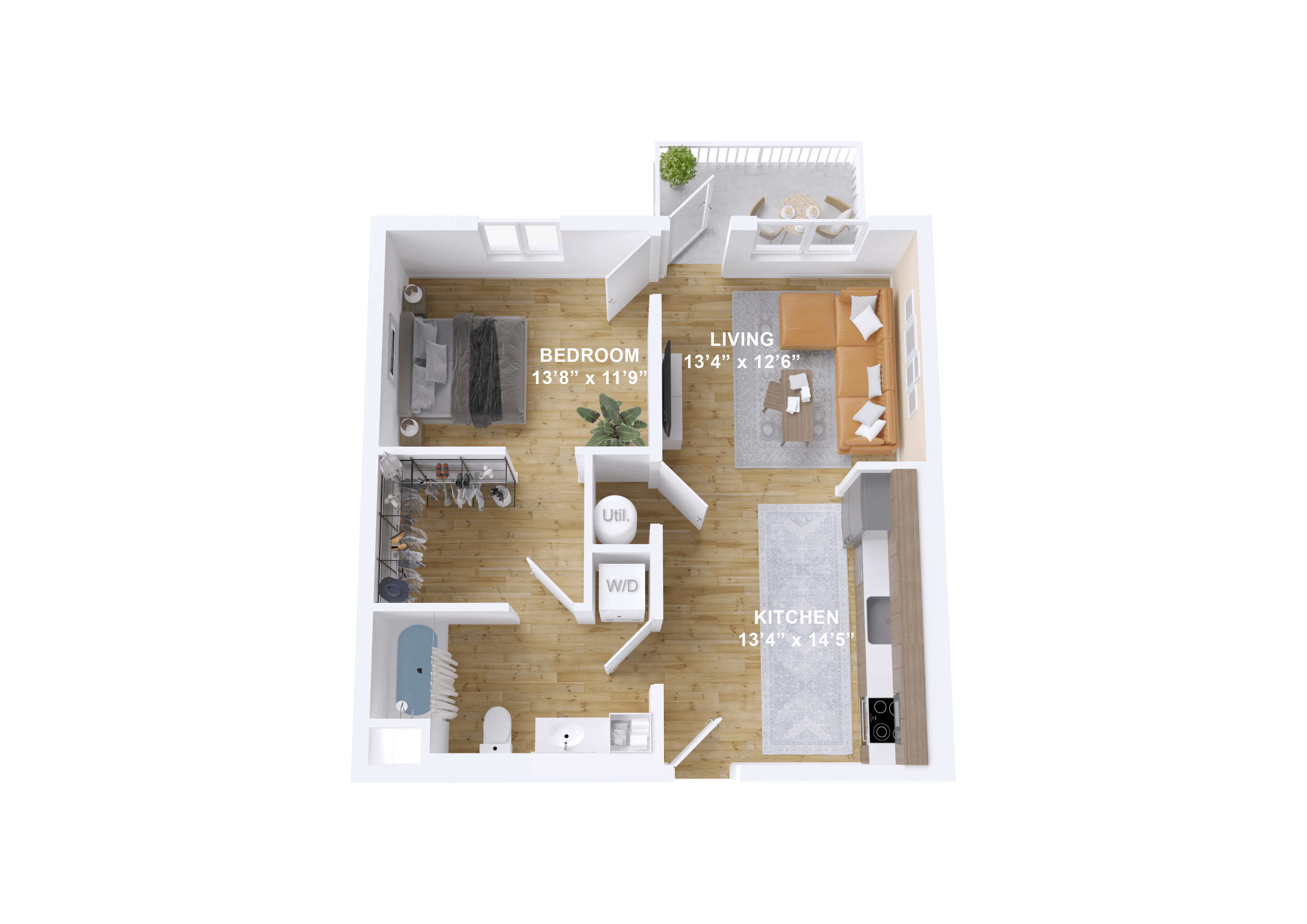 Floor plan for 1 bed, 1 bath, 684 sqft